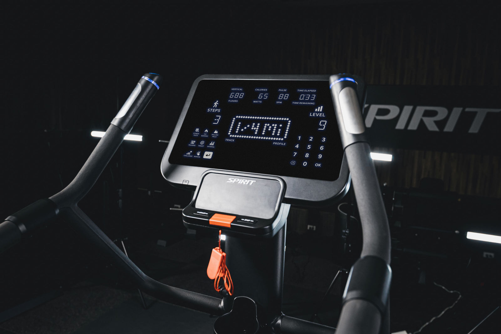 Close-up of a the Spirit 980 LED console - a digital display on a stairclimber